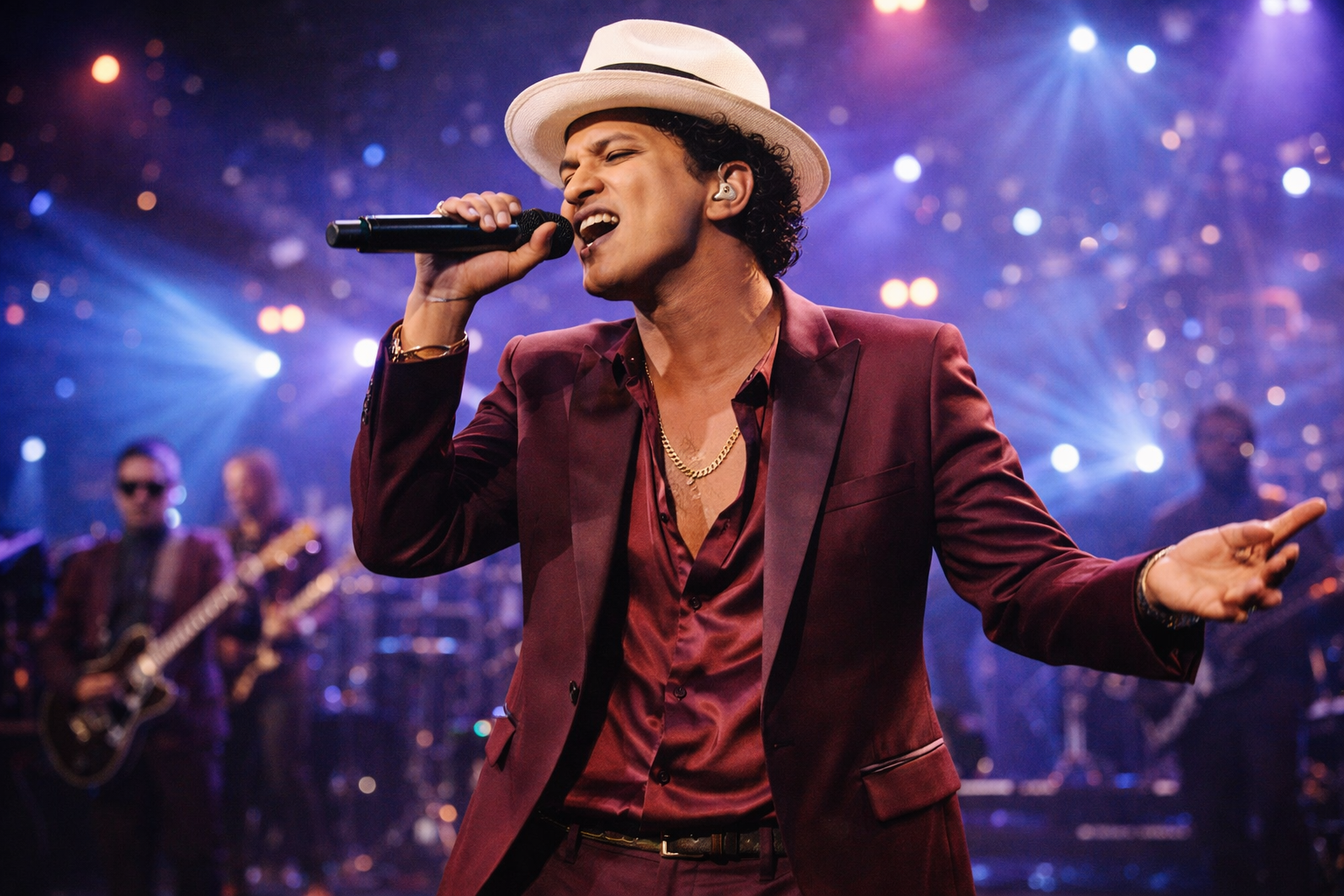 Bruno Mars performing live on stage during a concert