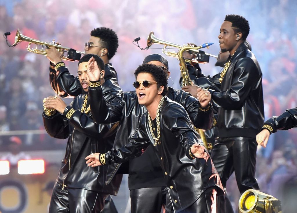 Bruno Mars performing at the Super Bowl halftime show