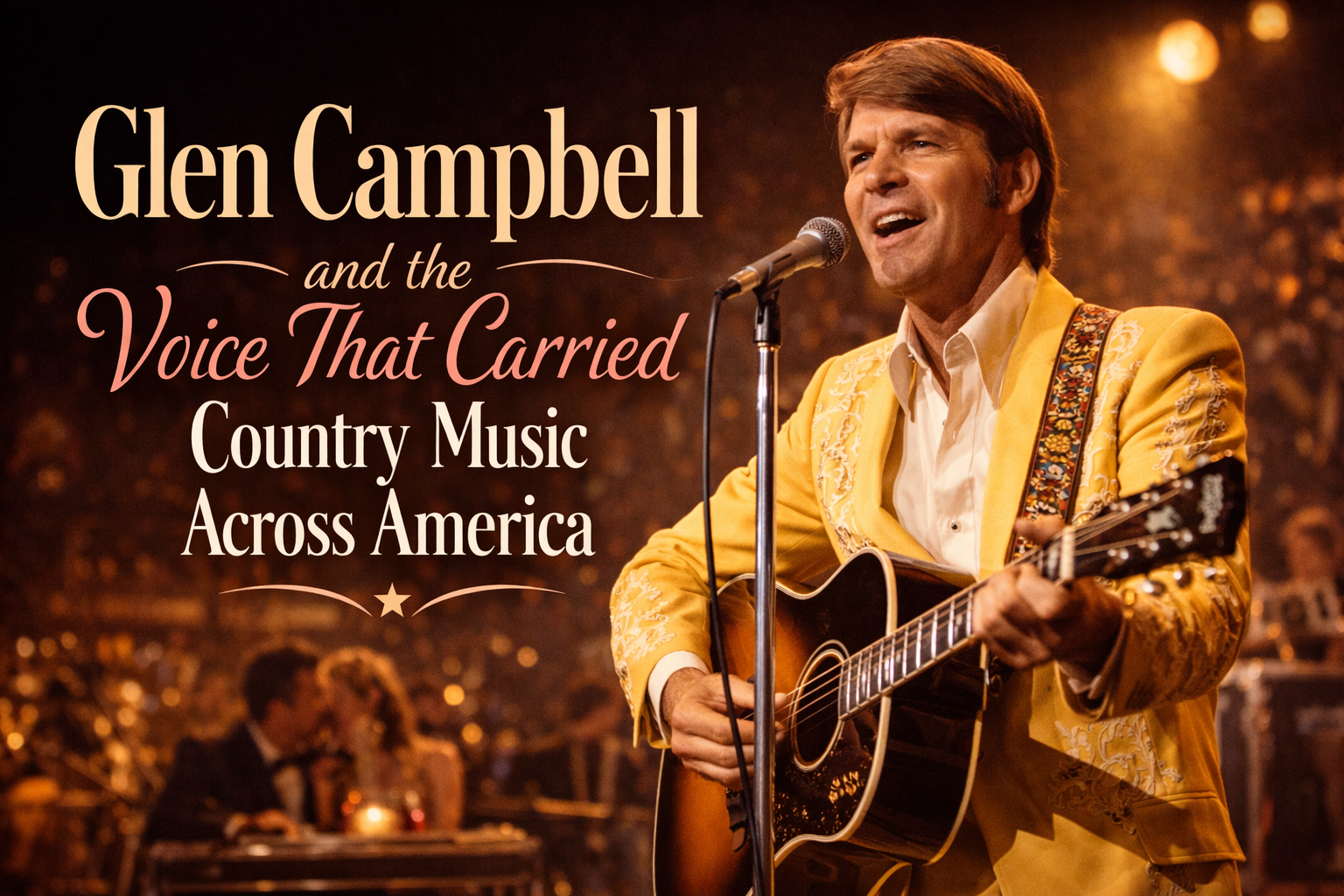 Glen Campbell performing live during a country music concert in the 1970s