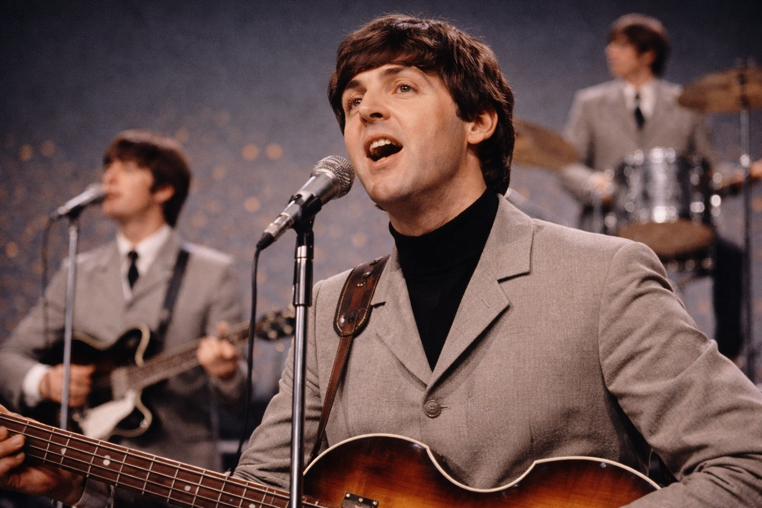 Paul McCartney performing with The Beatles during the 1960s