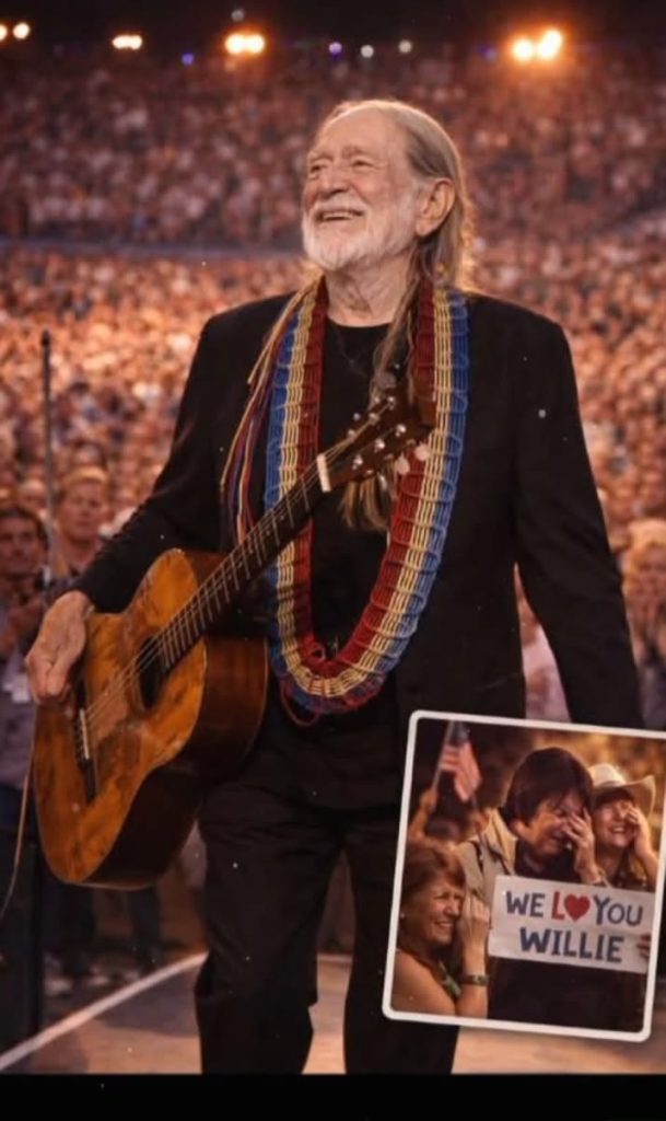 Willie Nelson performing live with his famous guitar Trigger